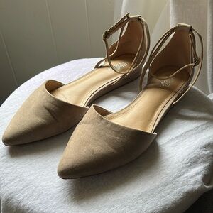 Market & Spruce Pointed Closed Toe Dress Shoe Flat with Buckle at ankle Taupe